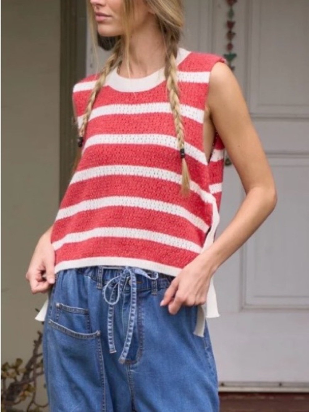 BiBi Red Crochet Striped Knit Sweater Sleeveless Tank, Large